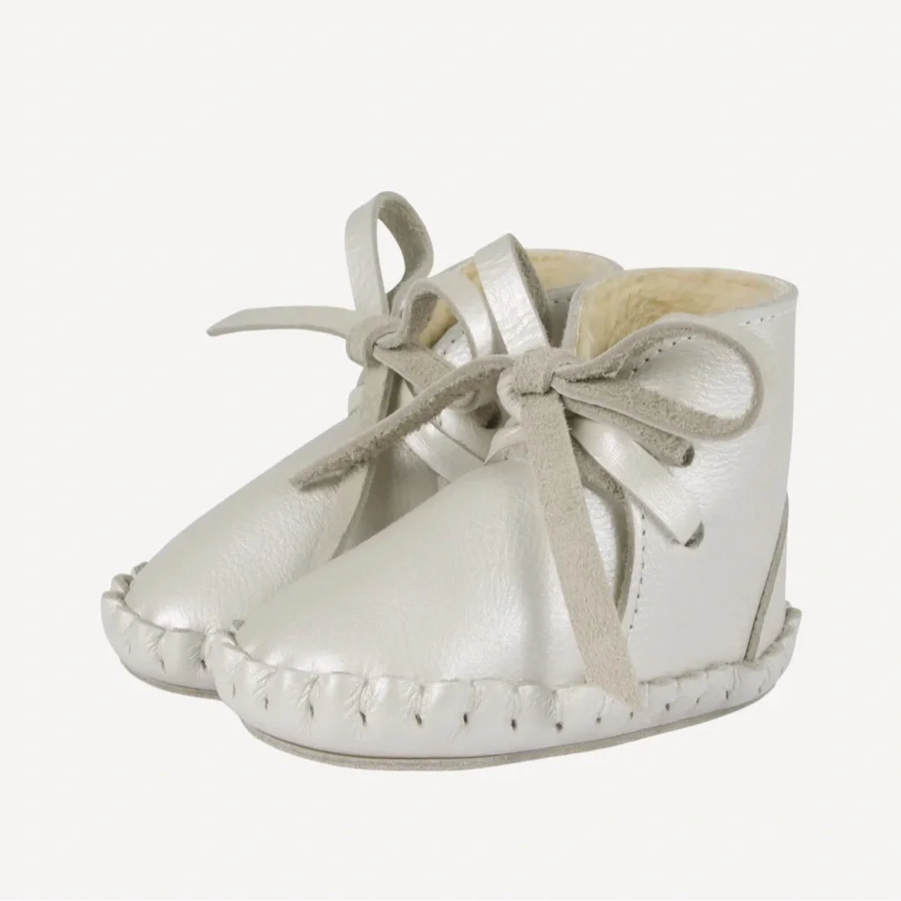 Donsje Amsterdam Pina Leather Boots 18-24 Months Metallic Off White Faux Fur